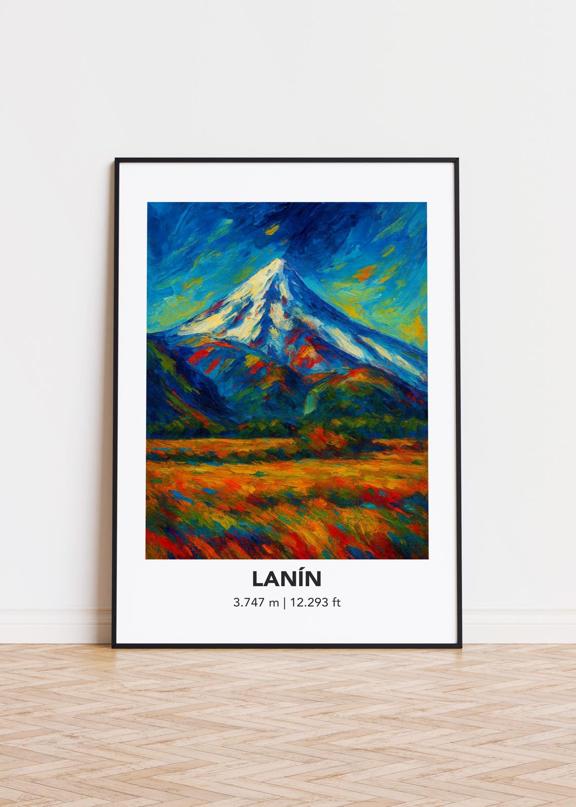 Lanin Volcano Oil Painting Poster Colorful Peak And Meadow Art