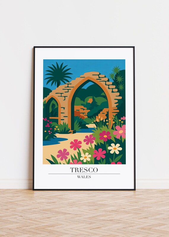 Tresco Wales Travel Poster With Stone Arch and Tropical Garden Art