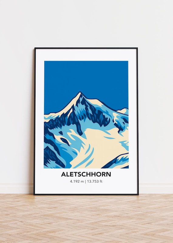 Aletschhorn Snow Peak Blue Sky Cream Alpine Geometric Travel Poster