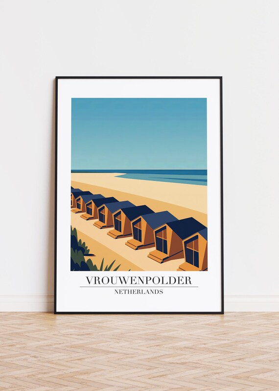 Vrouwenpolder Netherlands Beach Cabins Row Modern Travel Art Poster