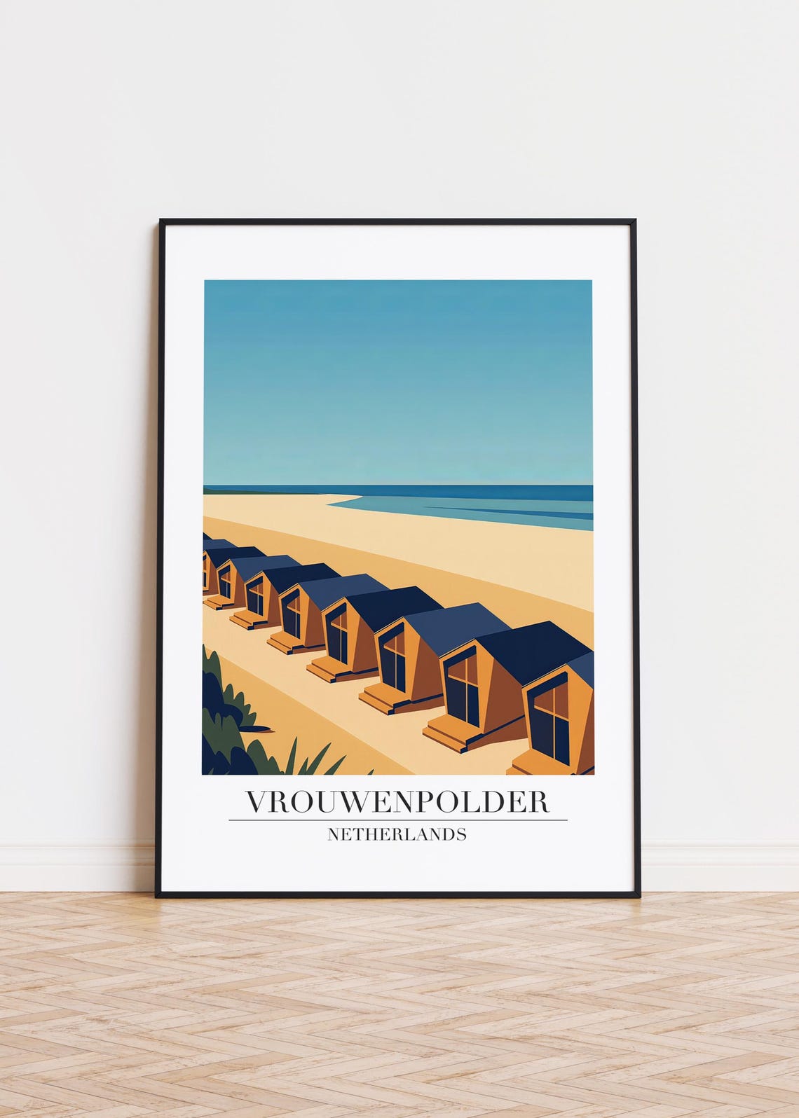 Vrouwenpolder Netherlands Beach Cabins Row Modern Travel Art Poster
