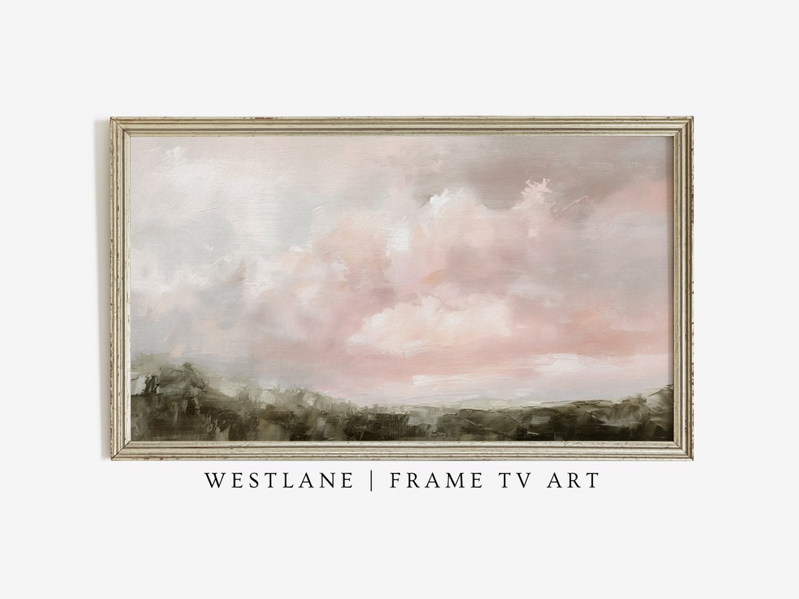 Pink Blush Clouds Pastel Sky Country Landscape Painting Wall Art - Image 3