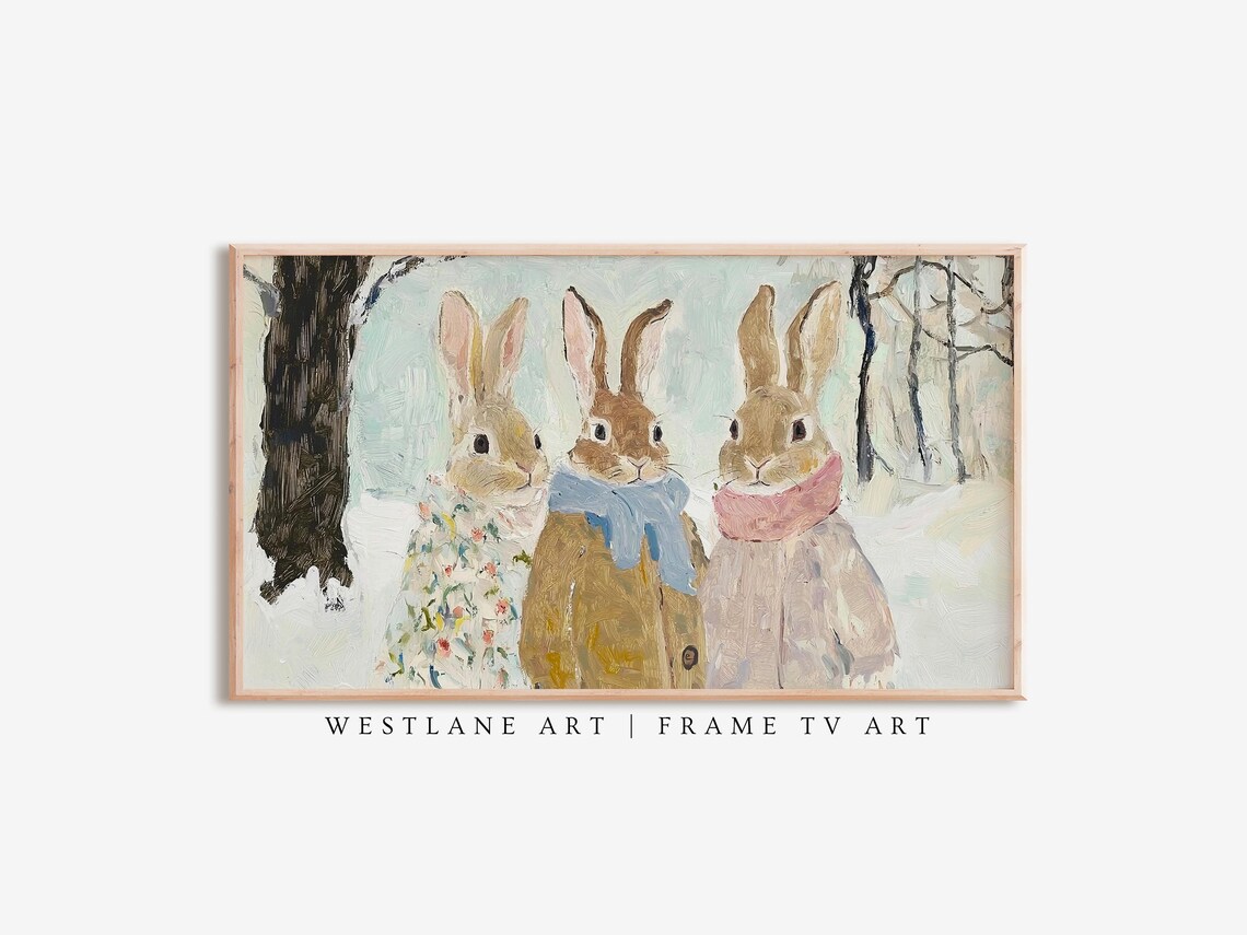 Winter Rabbits In Coats Snowy Woodland Three Bunnies Art Print