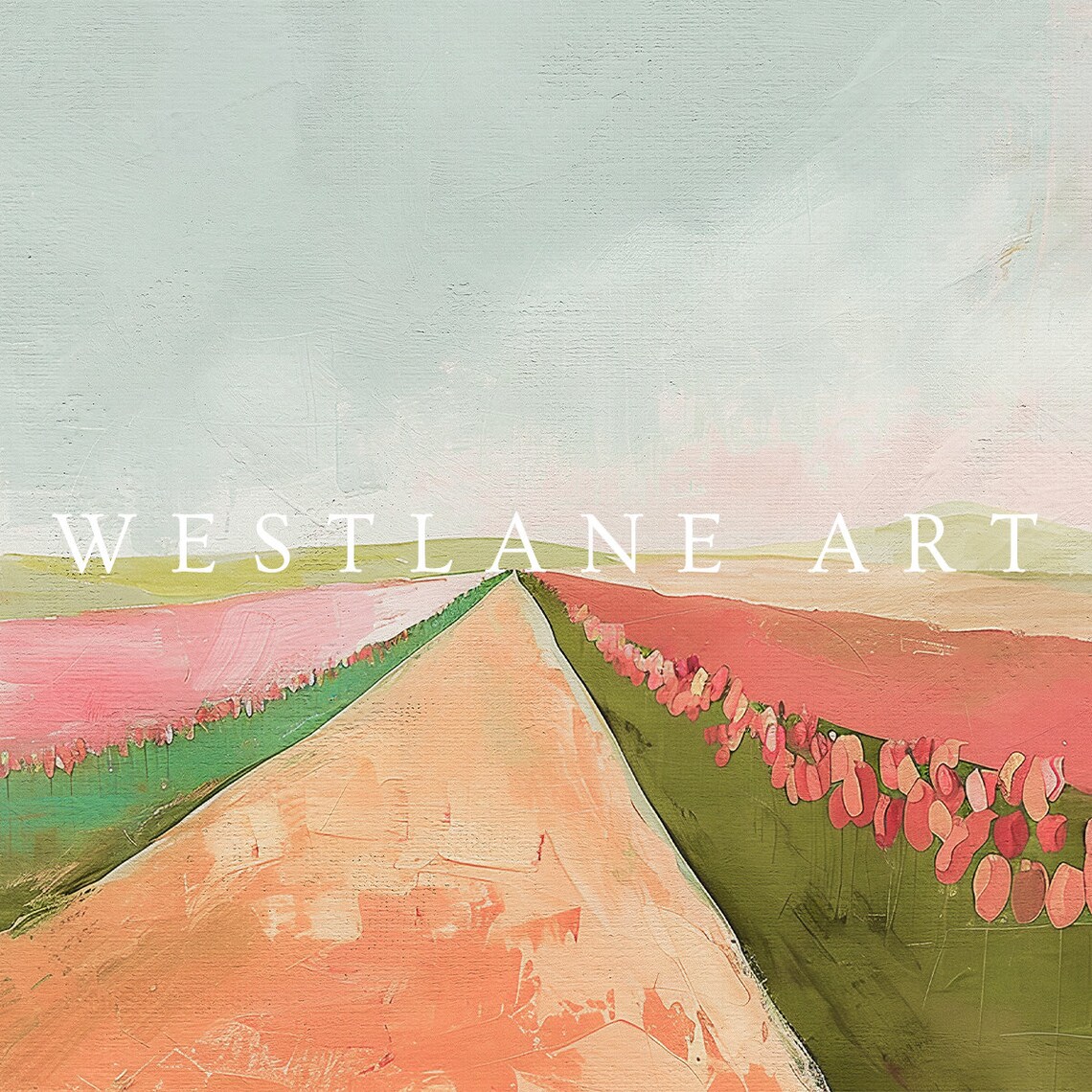 Pink Tulip Field Path Landscape Painting Dutch Flower Rows Art Print - Image 2