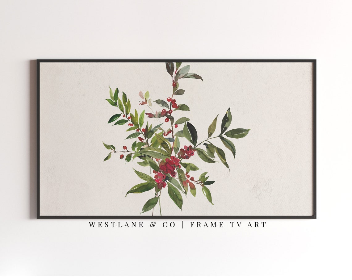Watercolor Red Berry Sprigs Winter Greenery Botanical Wall Art