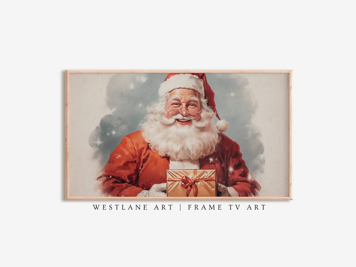 Jolly Retro Santa Claus Holding Gift Vintage Christmas Art Poster