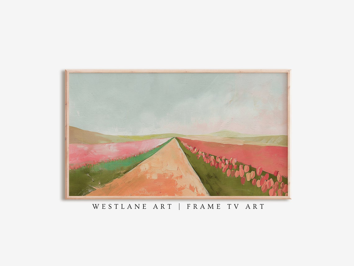 Pink Tulip Field Path Landscape Painting Dutch Flower Rows Art Print