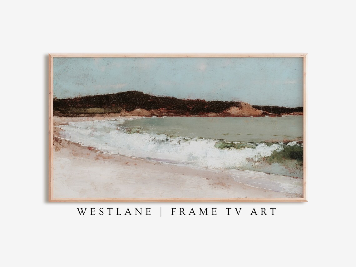 Vintage Beach Painting White Surf Sandy Shore Green Cliffs Seascape Wall Art Poster - Image 2