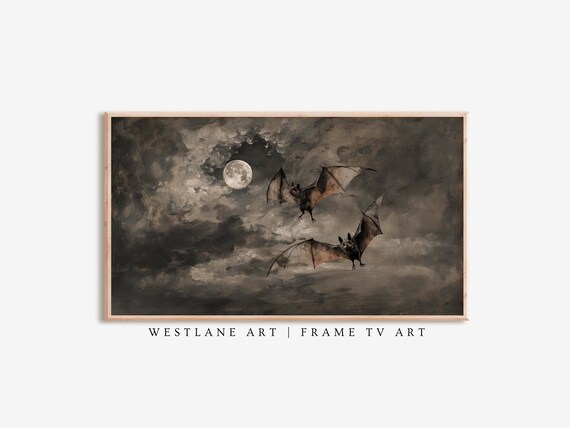 Two Bats Flying Past Full Moon Dark Cloudy Vintage Halloween Wall Art
