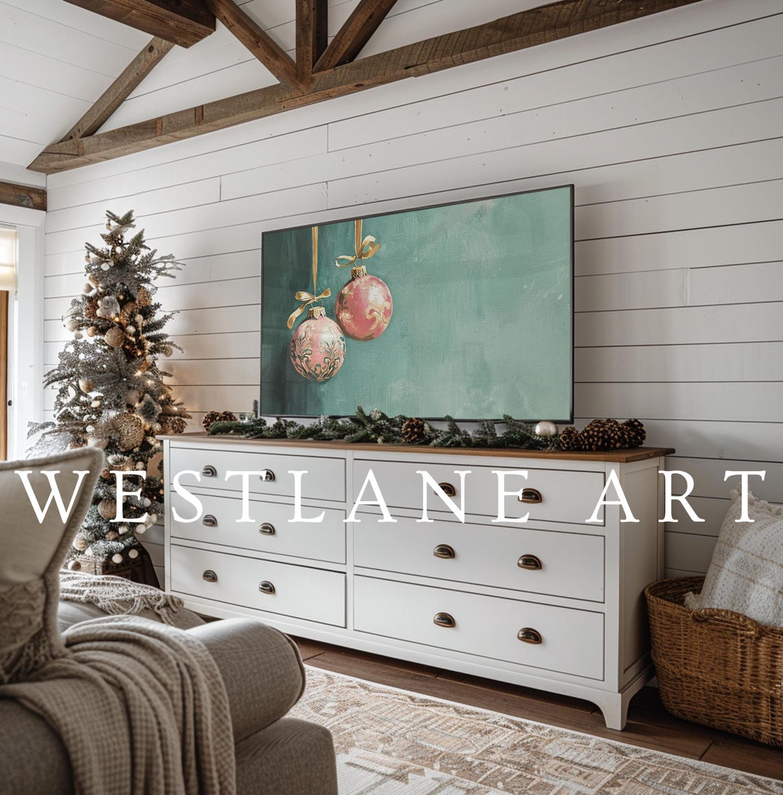 Pink And Teal Christmas Ornaments Festive Holiday Wall Art Poster - Image 2
