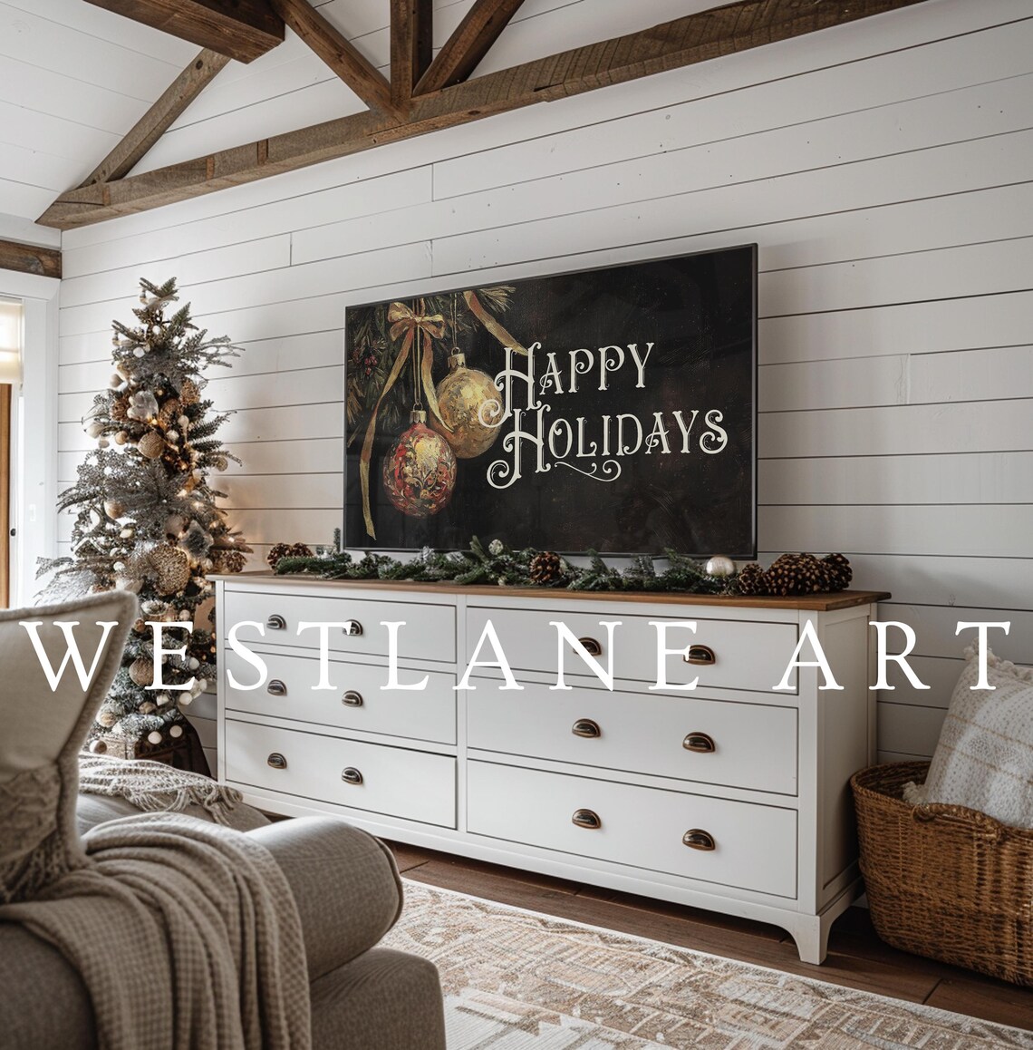 Moody Happy Holidays Vintage Christmas Ornaments Painting Art Poster - Image 2