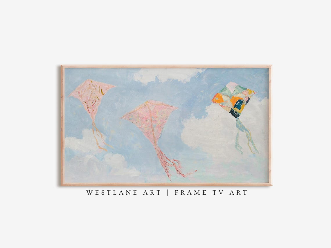 Colorful Kites Flying Blue Sky Summer Clouds Whimsical Scene Poster
