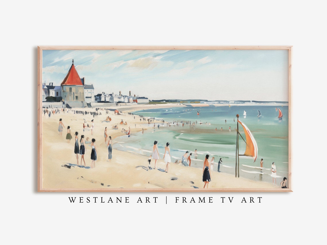 Vintage Beach Scene Bathers Red Roof Coastal Painting Wall Art
