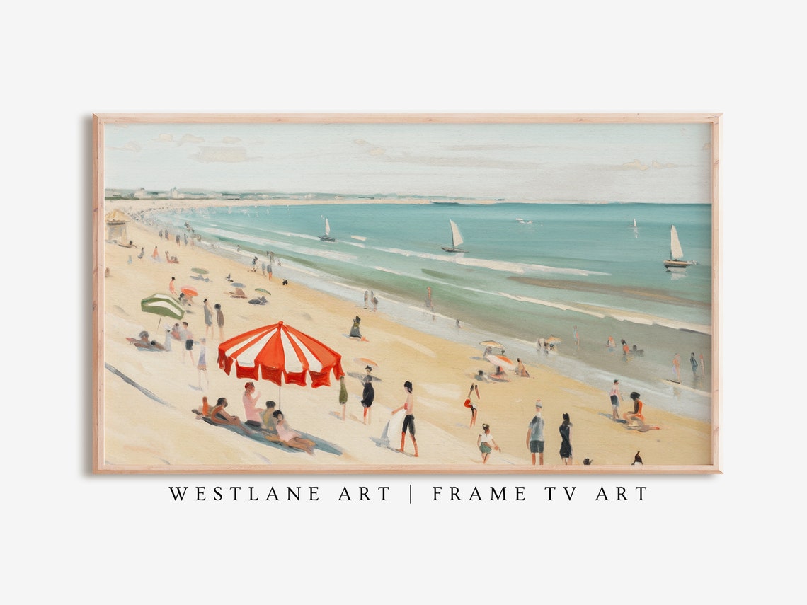 Sunny Beach Umbrella Red Stripe Sailboats Happy Summer Day Poster