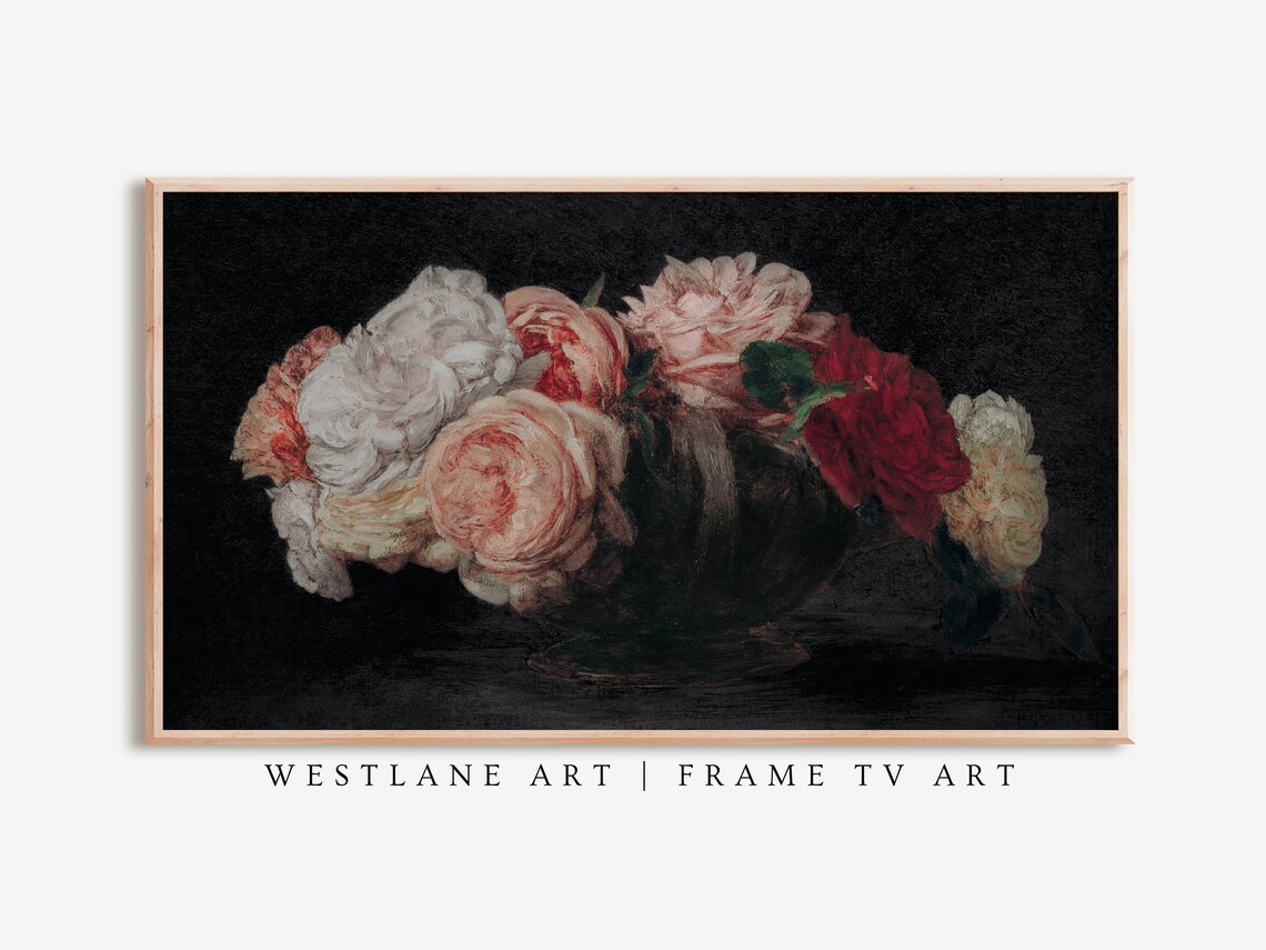 Vintage Moody Dark Roses Still Life Oil Painting Floral Poster