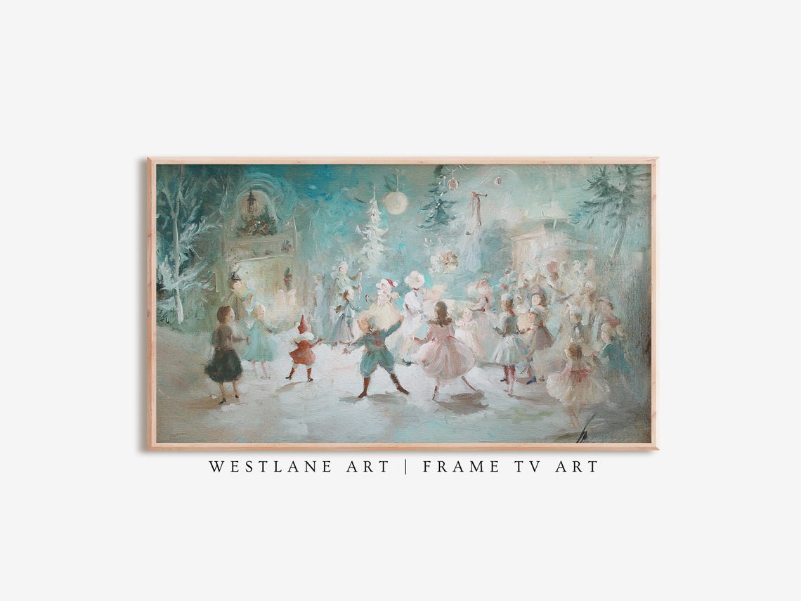 Dreamy Vintage Christmas Scene Children Dancing Around Tree Painting