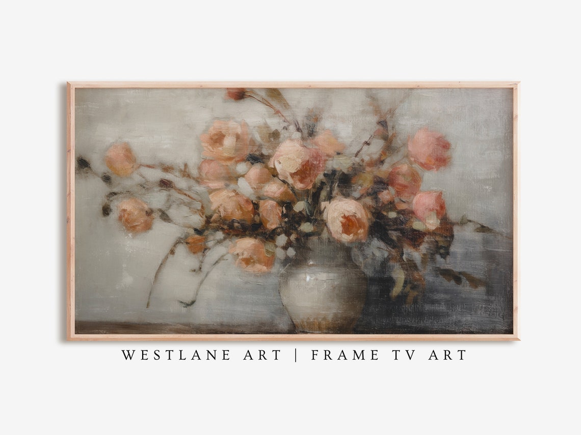 Victorian Still Life Peach Roses White Vase Painting Wall Art
