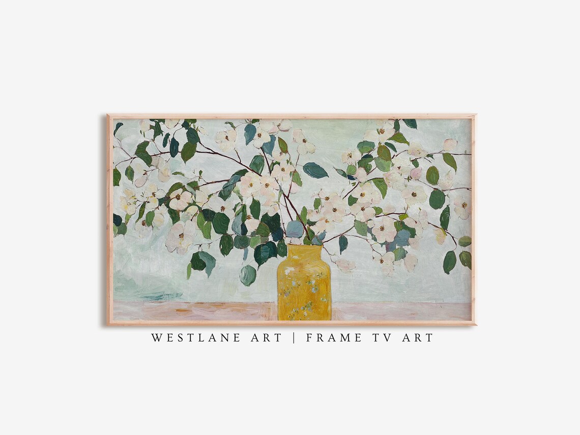 White Dogwood Blossoms Yellow Vase Painting Spring Botanical Art Print