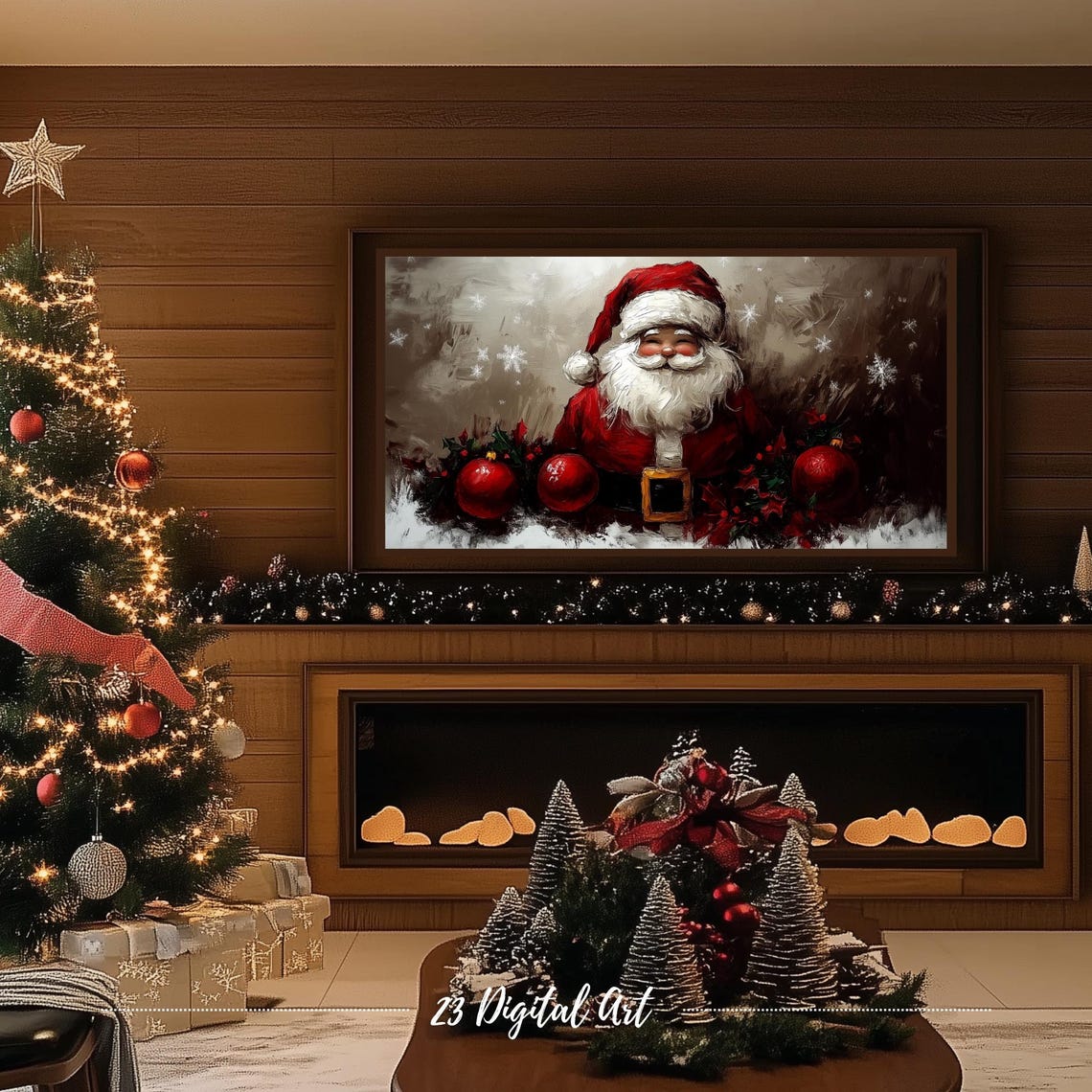 Frame Tv Art Beautiful Christmas Santa Smiling Tv Screensaver Rustic Holiday Holly Xmas Tv Art Neutral Farmhouse Winter Art 156 - Image 4