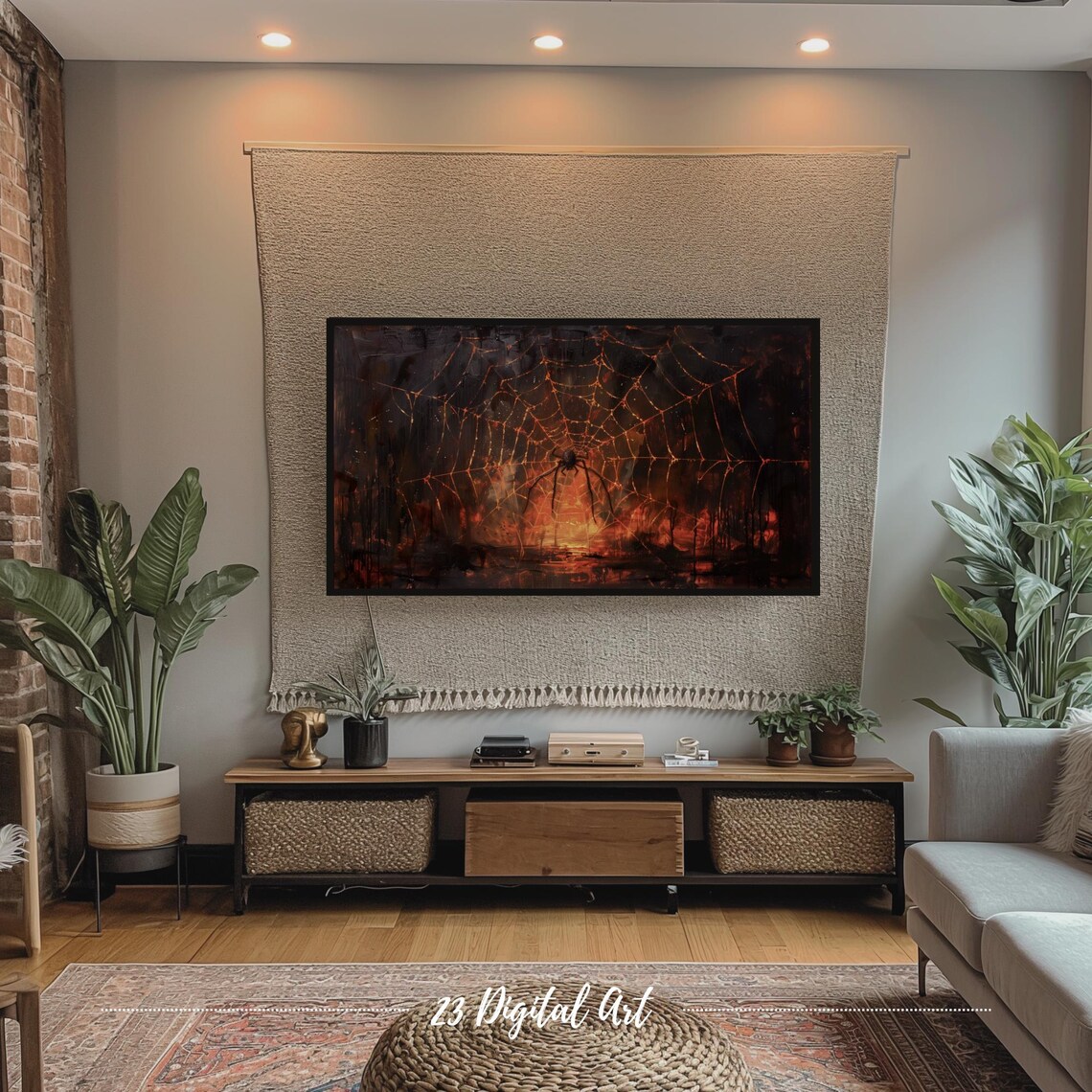Giant Spider Web Fire Glow Spooky Halloween Night Painting Frame TV Poster - Image 3