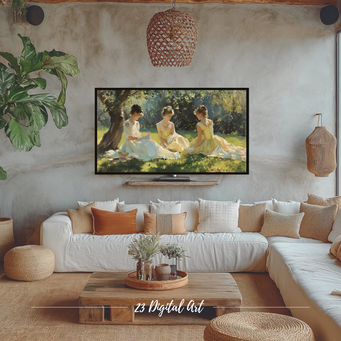 Frame Tv Art Summer Landscape Oil Painting Ladies Sitting In The Park Classic Neutral Country Earthy Green Garden Painting Tv Art 125 - Image 3