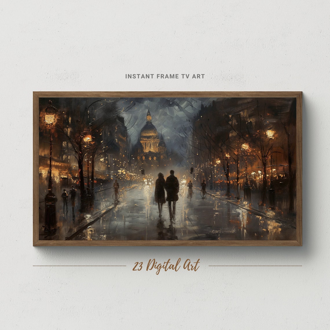 Romantic Couple Rainy Night City Walk Vintage Painting Poster