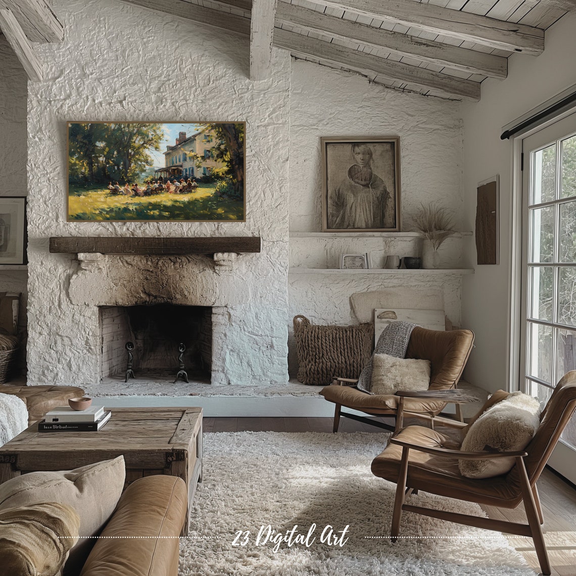 Frame Tv Art Summer Landscape Oil Painting Family Gathering In The Backyard Classic Neutral Country Earthy Green Garden Tv Art 127 - Image 2