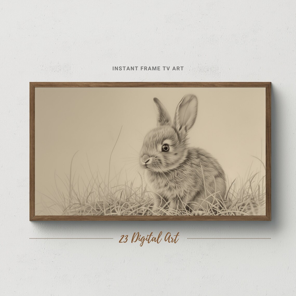 Bunny Rabbit Sketch Sepia Grass Vintage Pencil Drawing Frame TV Art Poster