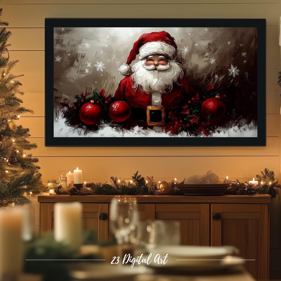 Frame Tv Art Beautiful Christmas Santa Smiling Tv Screensaver Rustic Holiday Holly Xmas Tv Art Neutral Farmhouse Winter Art 156 - Image 5