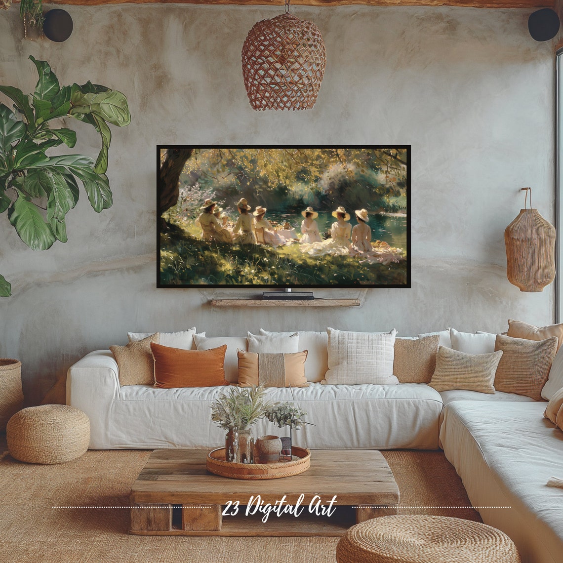 Frame Tv Art Summer Landscape Oil Painting Ladies Sitting In The Park Classic Neutral Country Earthy Green Garden Painting Tv Art 126 - Image 4
