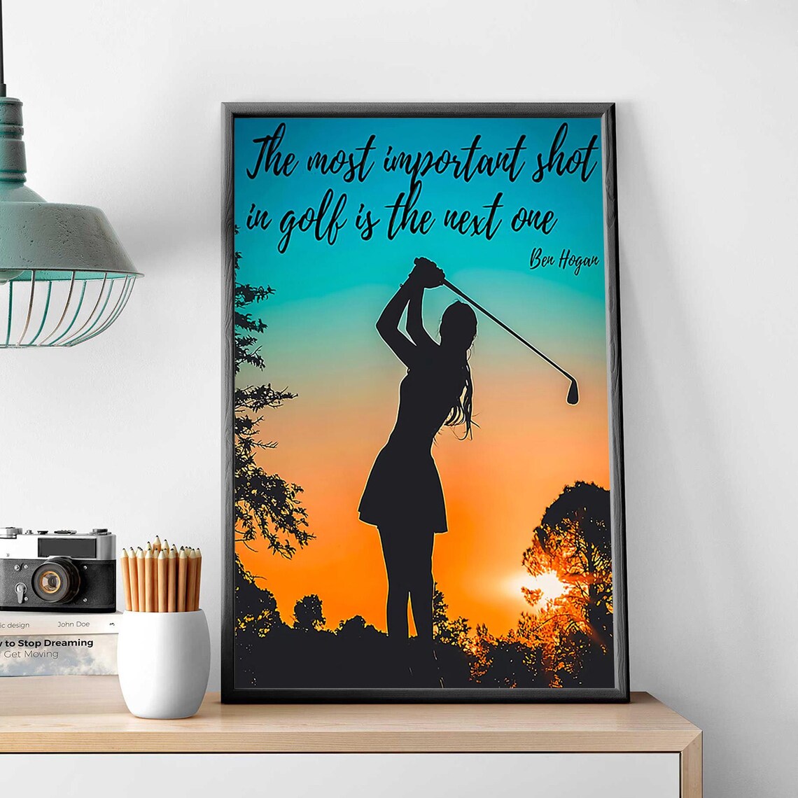 Ben Hogan Golf Quote Woman Swinging At Sunset Motivational Poster - Image 3