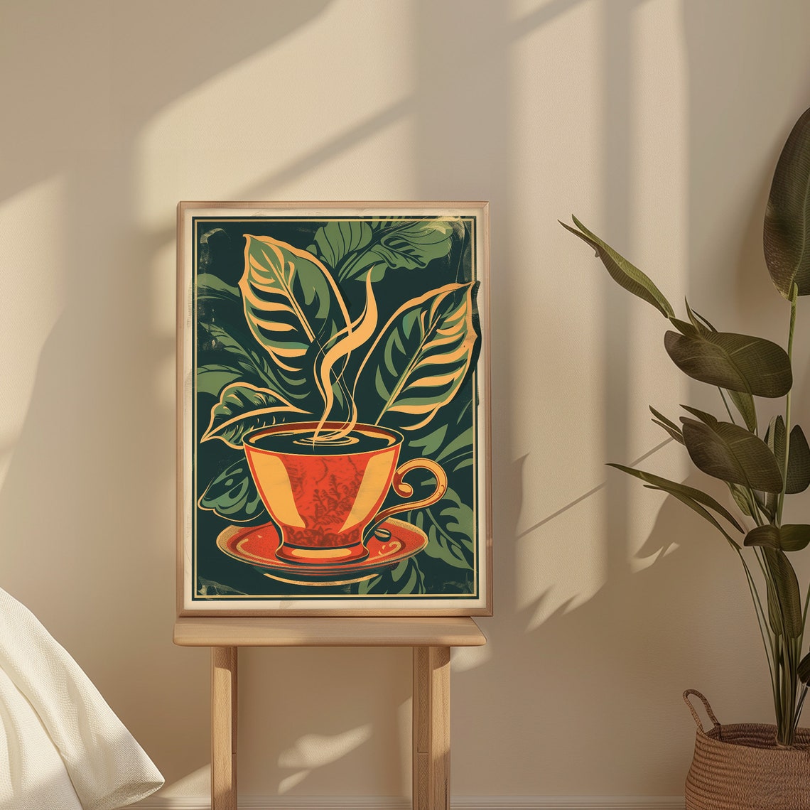 Bold Orange Coffee Cup Dark Botanical Leaves Retro Cafe Poster - Image 3