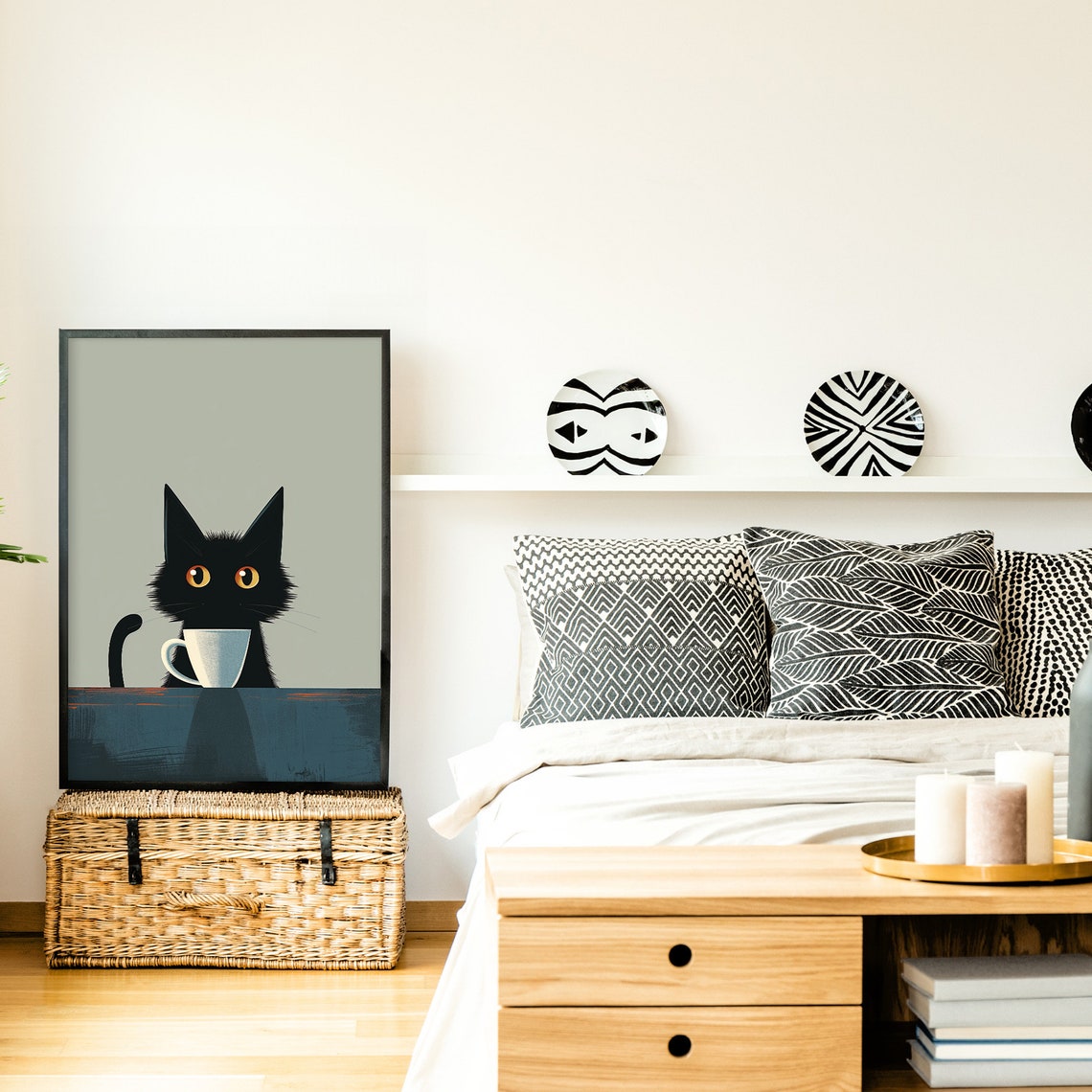Black Cat Coffee Cup Minimalist Sage Funny Modern Cat Art Poster - Image 2