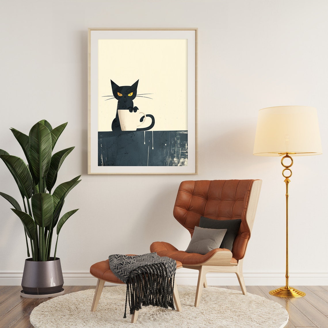 Black Cat With Coffee Cup Minimalist Cream Illustration Poster - Image 3