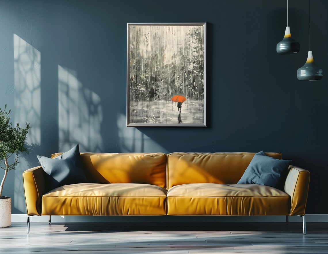 Orange Umbrella In Rainy Day Wall Art Impressionist Oil Painting - Image 3