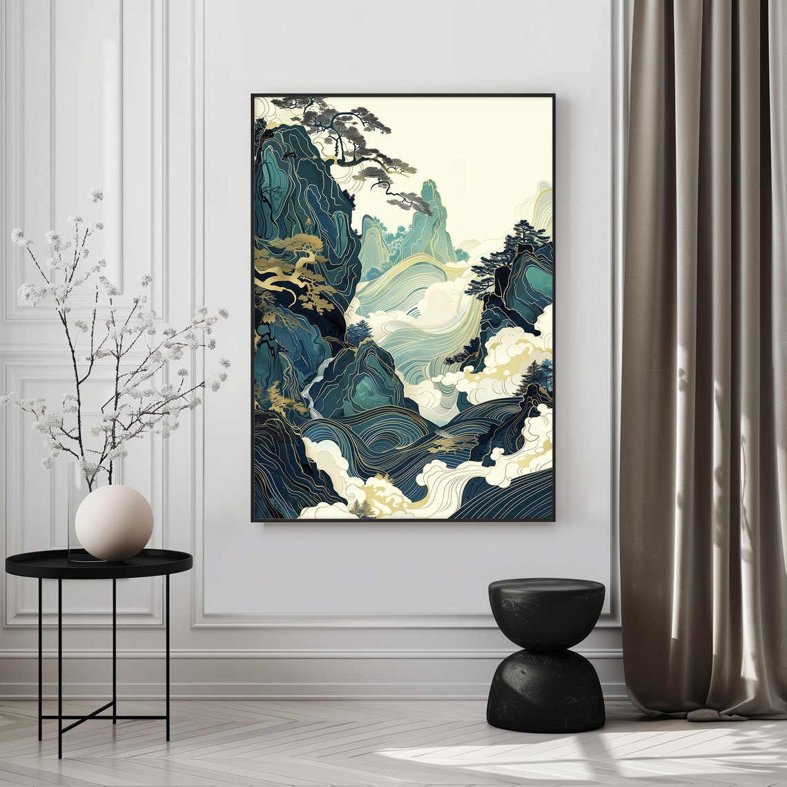 Teal Gold Ornate Mountain Peaks Japanese Wave Landscape Poster - Image 5