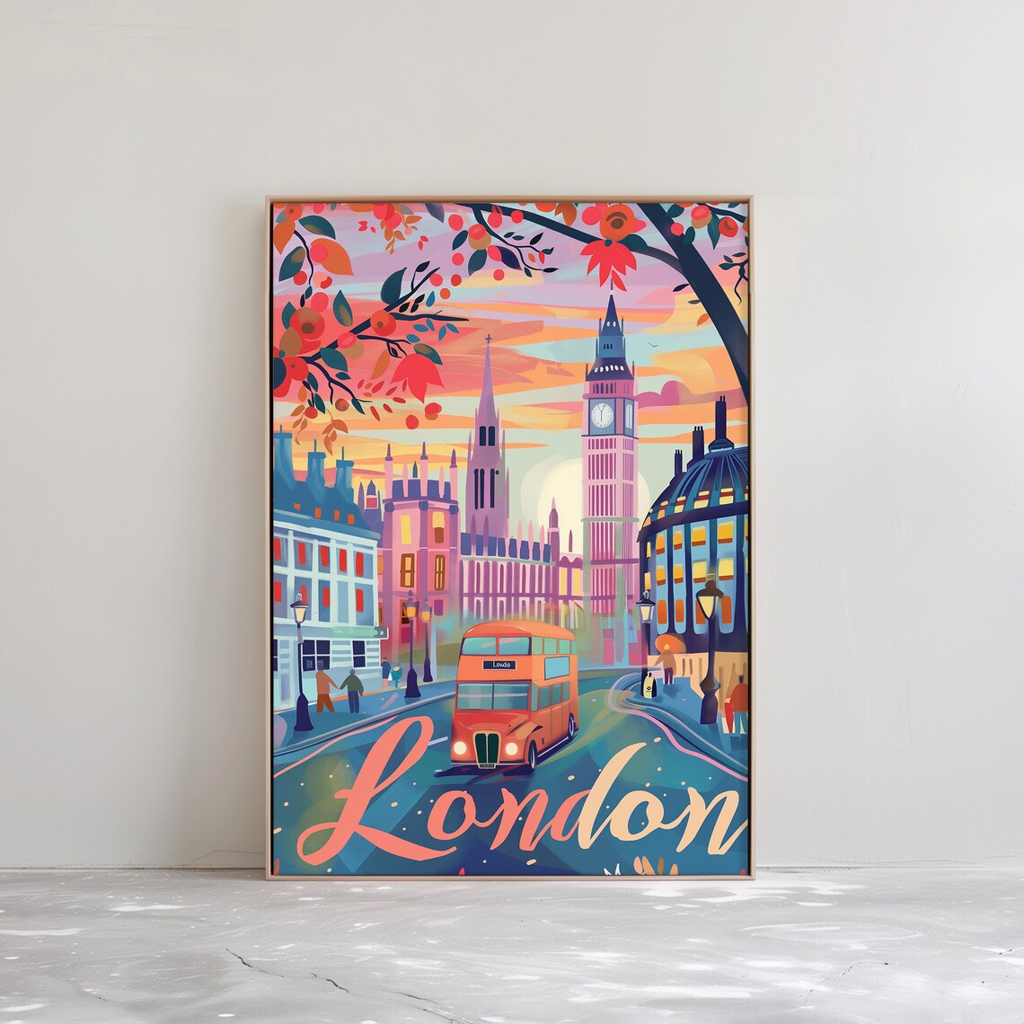 Vintage London Red Bus Big Ben Autumn Street Travel Art Poster