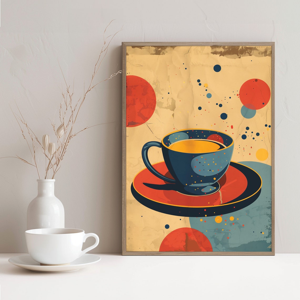 Abstract Navy Blue Coffee Cup on Red Saucer Bauhaus Style Poster - Image 2