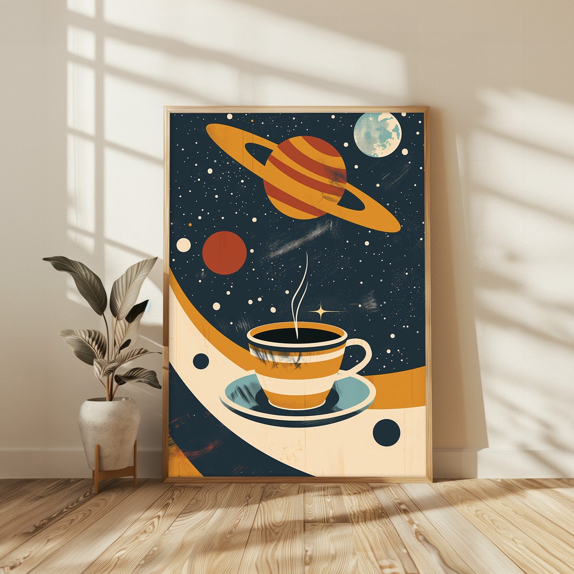Cosmic Coffee Cup Beneath a Giant Ringed Planet Starry Sky Poster - Image 2
