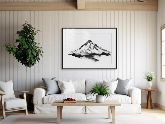 Snow Capped Mountain Peak Ink Wash Watercolor Minimalist Poster