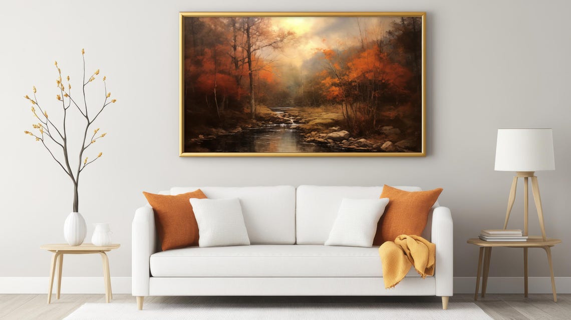 Rustic Autumn River Forest Fall Foliage Oil Painting Style Poster