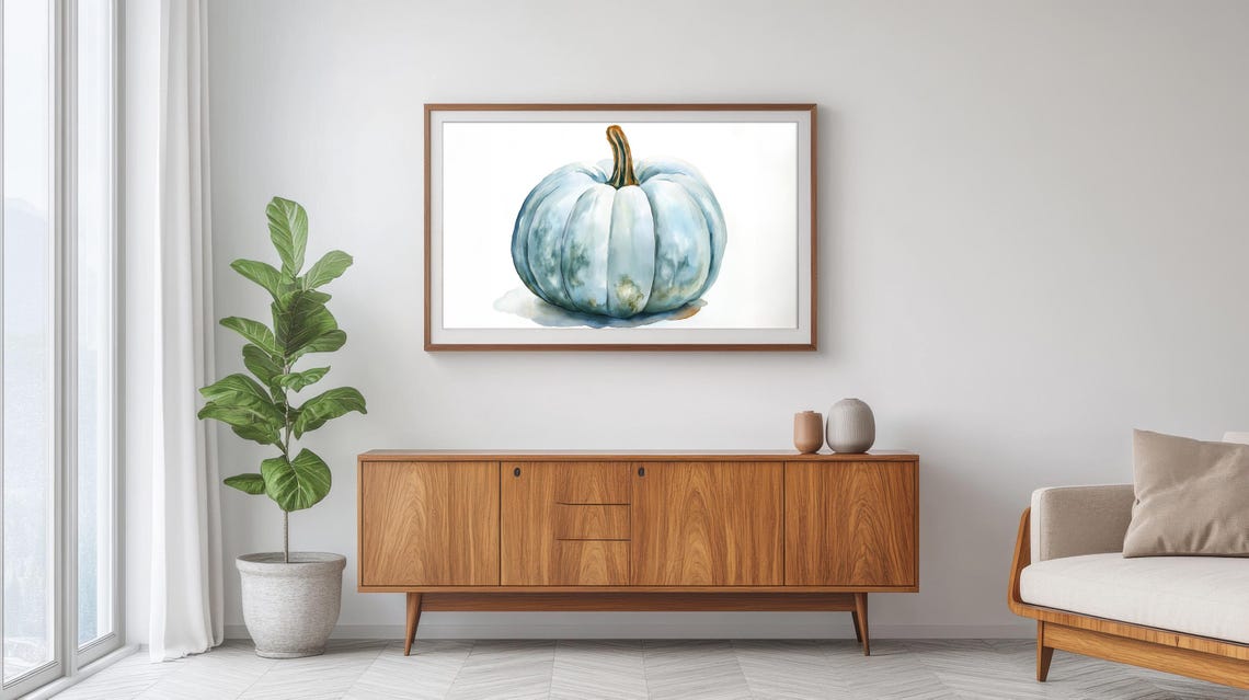 Blue Heirloom Pumpkin Watercolor Seasonal Fall Decor Art Poster