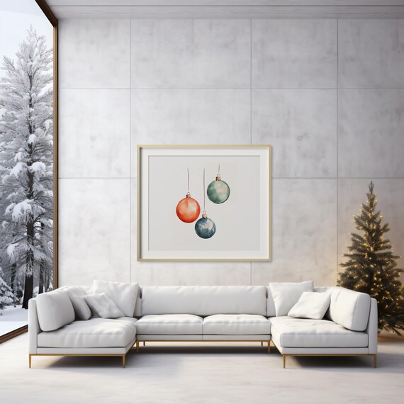 Christmas Ornaments Watercolor Baubles Minimalist Holiday Art Print