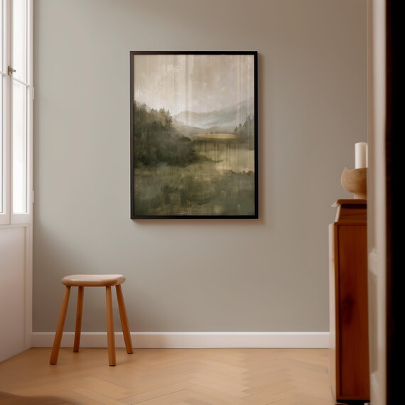 Misty Green Valley Autumn Landscape Soft Tonal Oil Style Poster