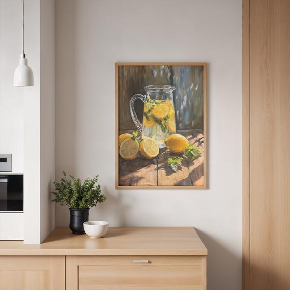 Lemonade Pitcher Still Life Rustic Kitchen Oil Style Print Summer Citrus Scene Art