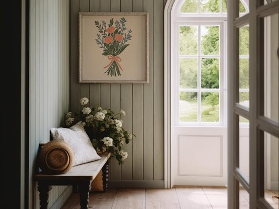 Spring Flower Bouquet Botanical Print Woodblock Wall Art