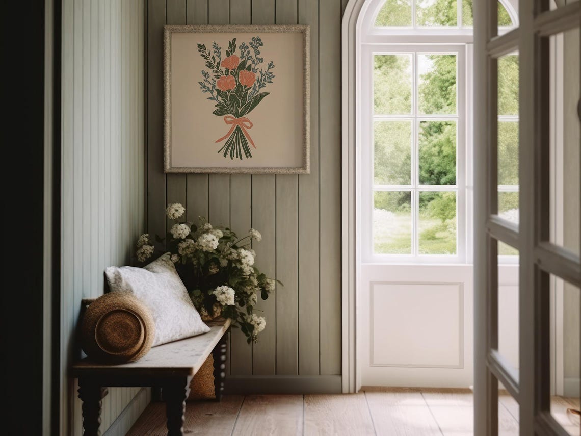 Spring Flower Bouquet Botanical Print Woodblock Wall Art