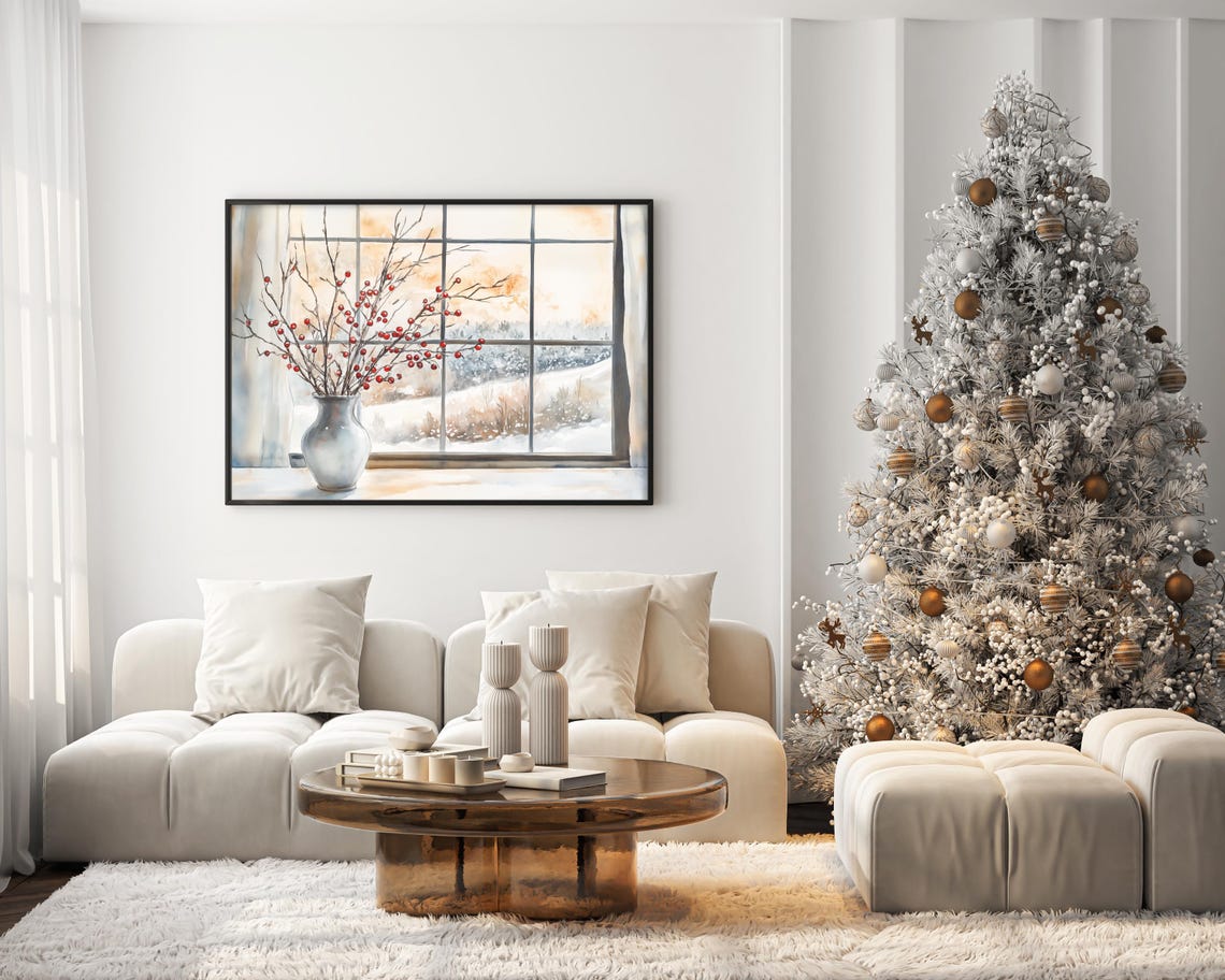 Winter Berries Vase Window Snowy Landscape Holiday Scene Poster