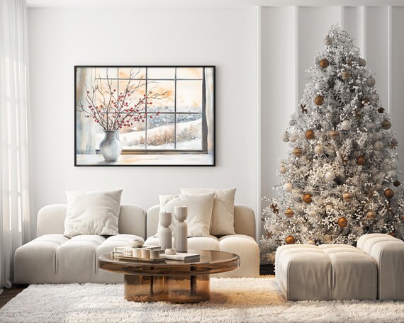 Winter Berries Vase Window Snowy Landscape Holiday Scene Poster