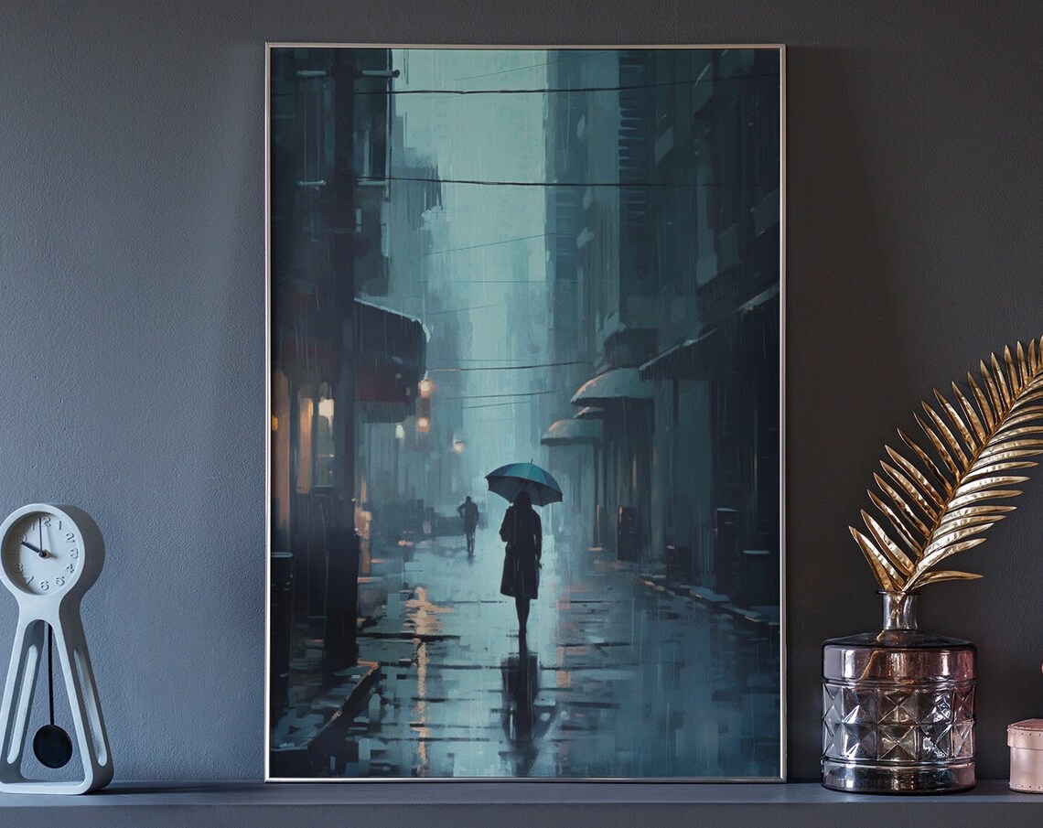 Rainy City Print, Moody Urban Art Poster
